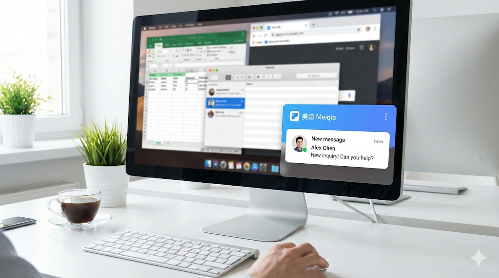 美洽客户端自带超给力的系统弹窗，每条咨询都能秒速看到，真的不会漏哦！