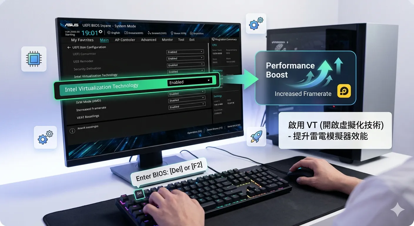 如何開啟 VT 以提升雷電模擬器效能？